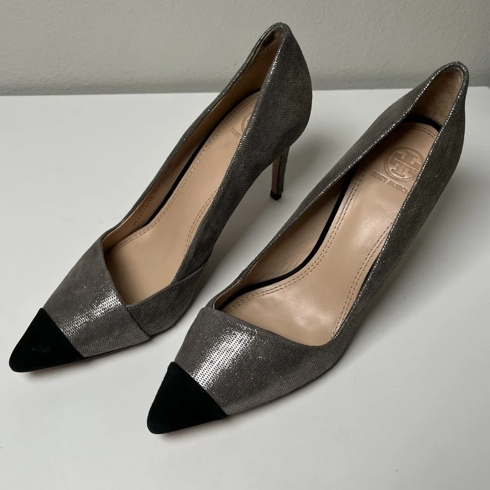 Tory Burch Women's  Silver Black Metallic Shaila Cap Toe Pumps Sz 9.5 Heels Work